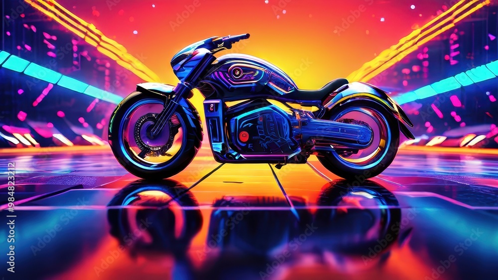 Obraz premium A futuristic motorcycle illuminated by vibrant neon lights against a dynamic backdrop.