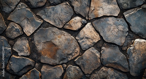 Close-up of a weathered stone wall showcasing various textured stones in natu...