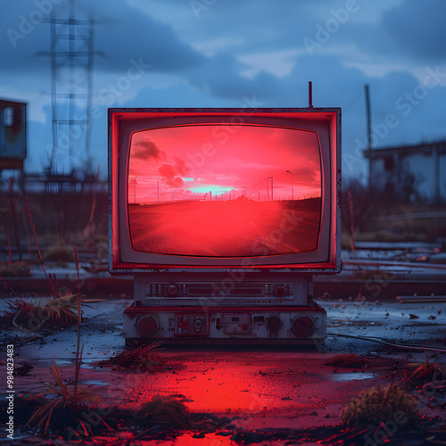 A vintage TV sits in a desolate outdoor setting, displaying a red-tinted apocalyptic scene, blending retro technology with dystopian imagery photo