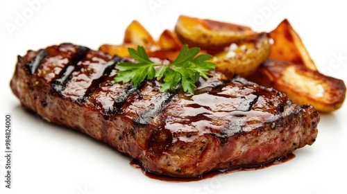 A close-up of a perfectly grilled steak with a rich, flavorful sauce and a garnish of fresh parsley, served with a side of crispy potato wedges, all against a white background.