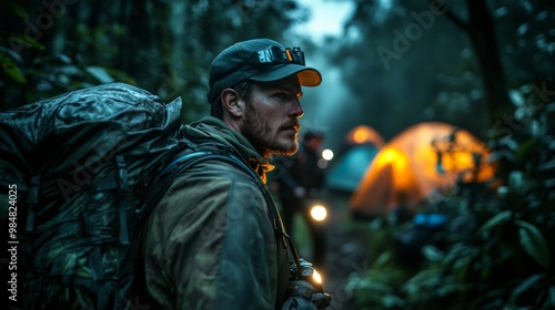 Hiker with a backpack and headlamp explores a dense forest camp at dusk, with glowing tents in the background under dim light.