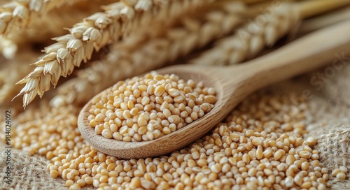 Grains of golden seeds and wheat stalks displayed on a rustic burlap background