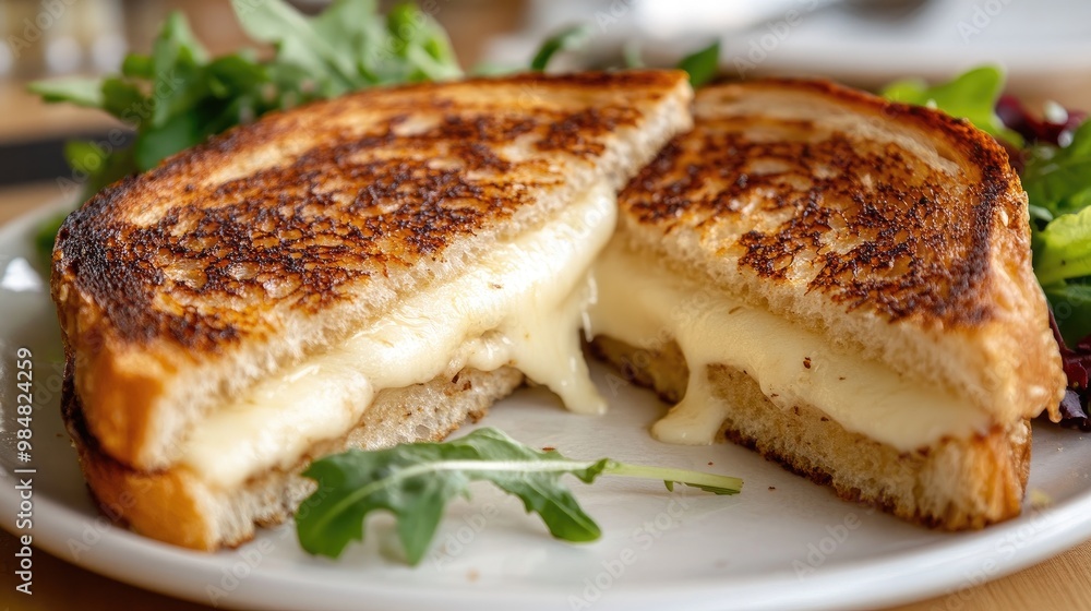 A close-up of a perfectly toasted sandwich with crispy bread and a gooey cheese filling, sliced diagonally and placed on a white plate with a side of fresh greens. A close-up of a perfectly toasted sandwich with crispy bread and a gooey cheese filling, sliced diagonally and placed on a white plate with a side of fresh greens.