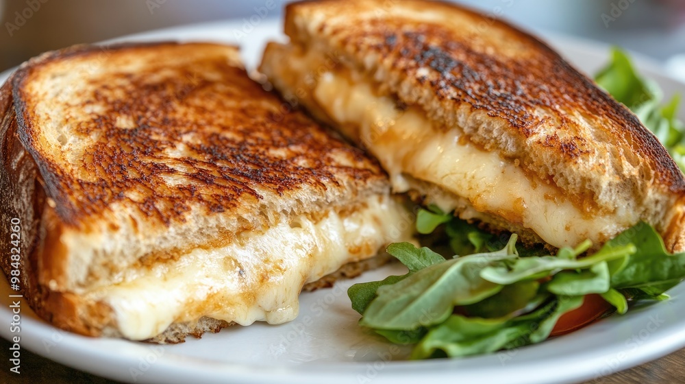 A close-up of a perfectly toasted sandwich with crispy bread and a gooey cheese filling, sliced diagonally and placed on a white plate with a side of fresh greens. A close-up of a perfectly toasted sandwich with crispy bread and a gooey cheese filling, sliced diagonally and placed on a white plate with a side of fresh greens.