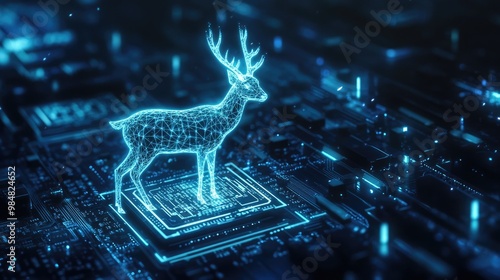 A glowing digital deer stands on a circuit board, representing the merging of nature and technology. photo