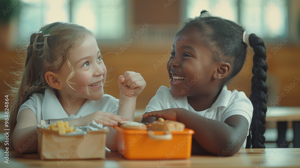 Happy School Lunch Break - Two Multiracial Girls Bonding Over Lunch in Classroom Setting. Generative ai Happy School Lunch Break - Two Multiracial Girls Bonding Over Lunch in Classroom Setting. Generative ai