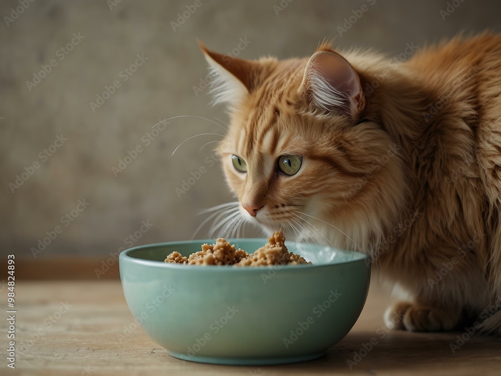 Fototapeta premium Fluffy cat eating from a bowl.