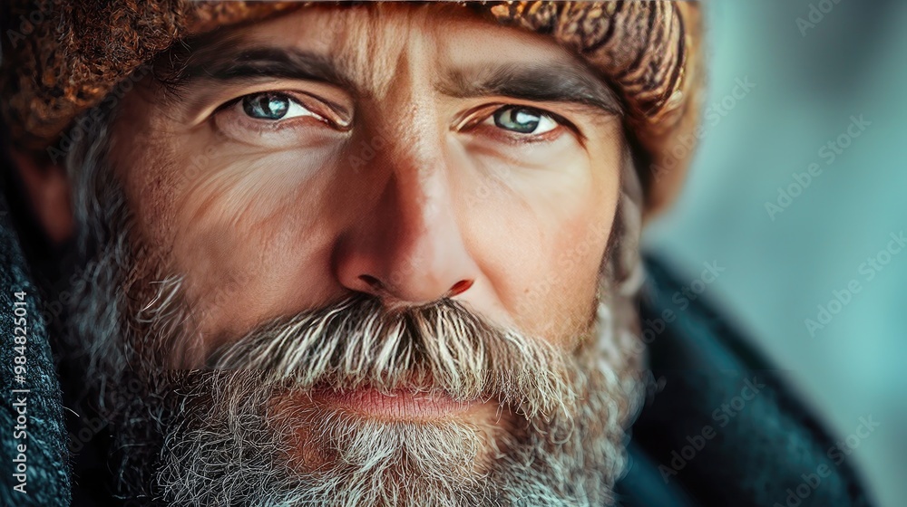Closeup of rugged man with full beard kind eyes woolen cap suggesting life in nature Closeup of rugged man with full beard kind eyes woolen cap suggesting life in nature