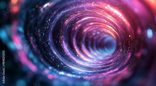 A vibrant tunnel of swirling colors illuminated by ethereal lights in a futur...
