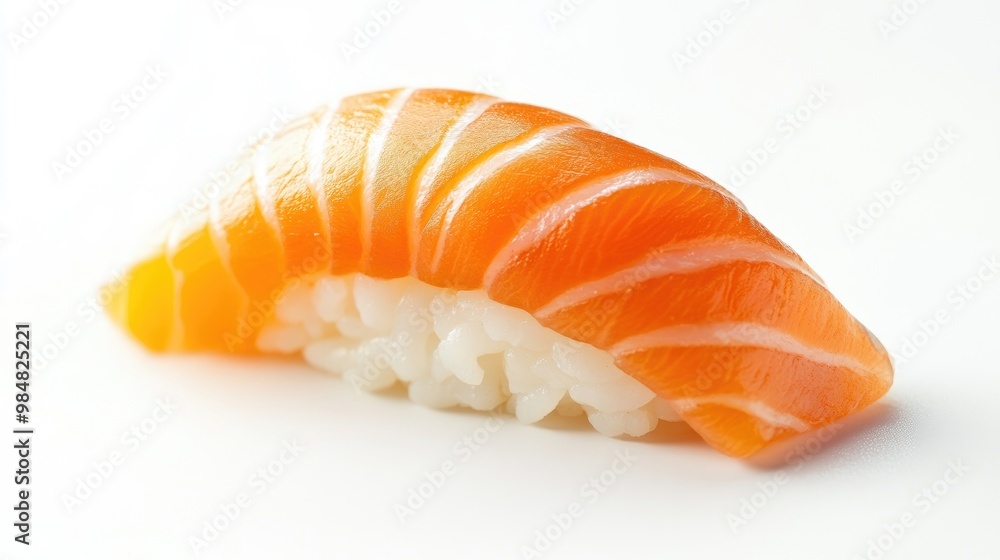 A close-up of a single piece of nigiri sushi, with glistening salmon resting on perfectly shaped rice, isolated on a white background to highlight its simplicity and freshness A close-up of a single piece of nigiri sushi, with glistening salmon resting on perfectly shaped rice, isolated on a white background to highlight its simplicity and freshness