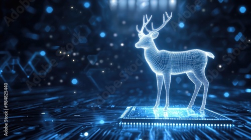 A glowing digital deer on a circuit board, representing technology and nature. photo