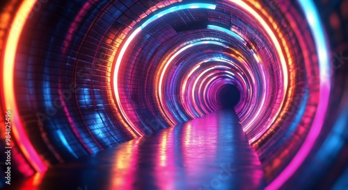 A vibrant tunnel illuminated by colorful lights in a futuristic setting at night