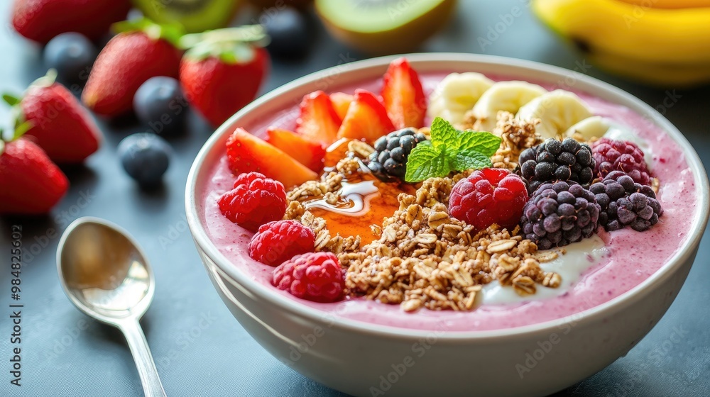 A close-up of a smoothie bowl topped with granola, fresh fruit slices, and a drizzle of honey, with a spoon and a vibrant fruit arrangement in the background. A close-up of a smoothie bowl topped with granola, fresh fruit slices, and a drizzle of honey, with a spoon and a vibrant fruit arrangement in the background.