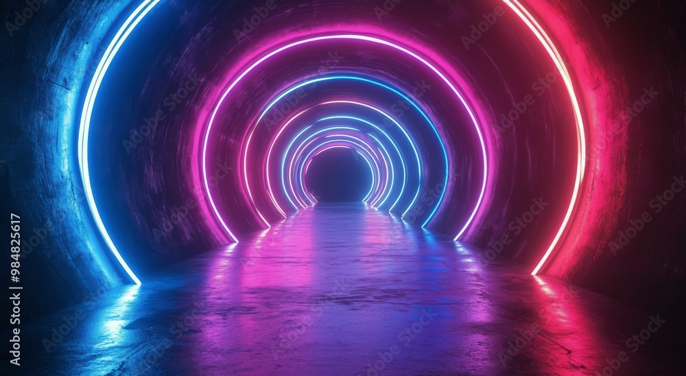 A vibrant tunnel illuminated by colorful lights in a futuristic setting at night A vibrant tunnel illuminated by colorful lights in a futuristic setting at night