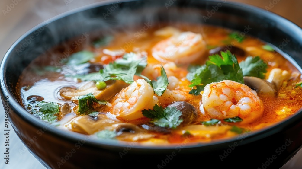 A close-up of a steaming bowl of Thai tom yum soup, with shrimp, mushrooms, and herbs, highlighting its spicy and tangy broth. A close-up of a steaming bowl of Thai tom yum soup, with shrimp, mushrooms, and herbs, highlighting its spicy and tangy broth.