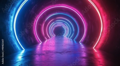 A vibrant tunnel illuminated by colorful lights in a futuristic setting at night