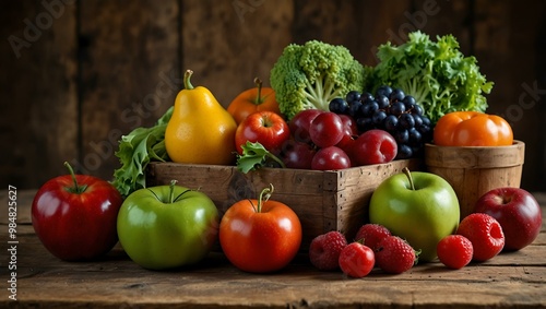 Fresh fruits and vegetables displayed on a rustic table.