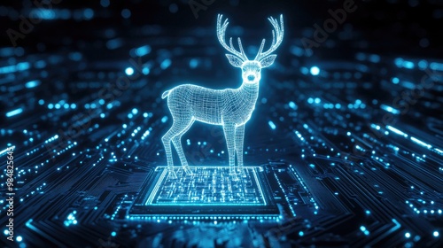 A digital deer stands on a glowing circuit board, symbolizing the intersection of nature and technology. photo