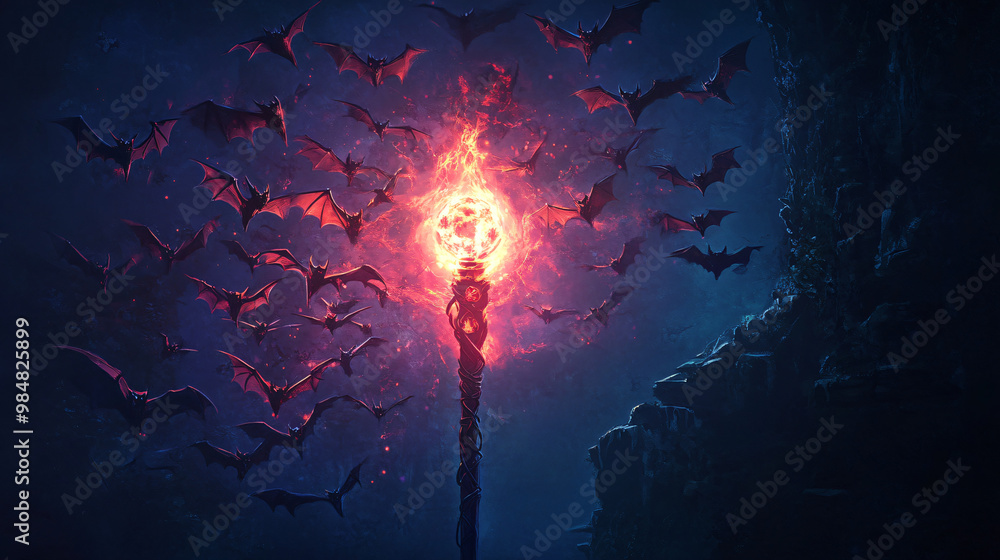 A graphic of bats surrounding a glowing magical staff covered in mystical symbols. A graphic of bats surrounding a glowing magical staff covered in mystical symbols.