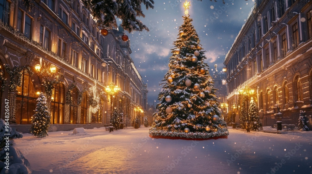 A grand Christmas tree standing tall in a public square, decorated with giant ornaments and surrounded by snow-covered streets. A grand Christmas tree standing tall in a public square, decorated with giant ornaments and surrounded by snow-covered streets.
