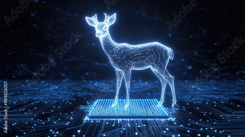 A glowing digital deer stands on a glowing blue circuit board. photo