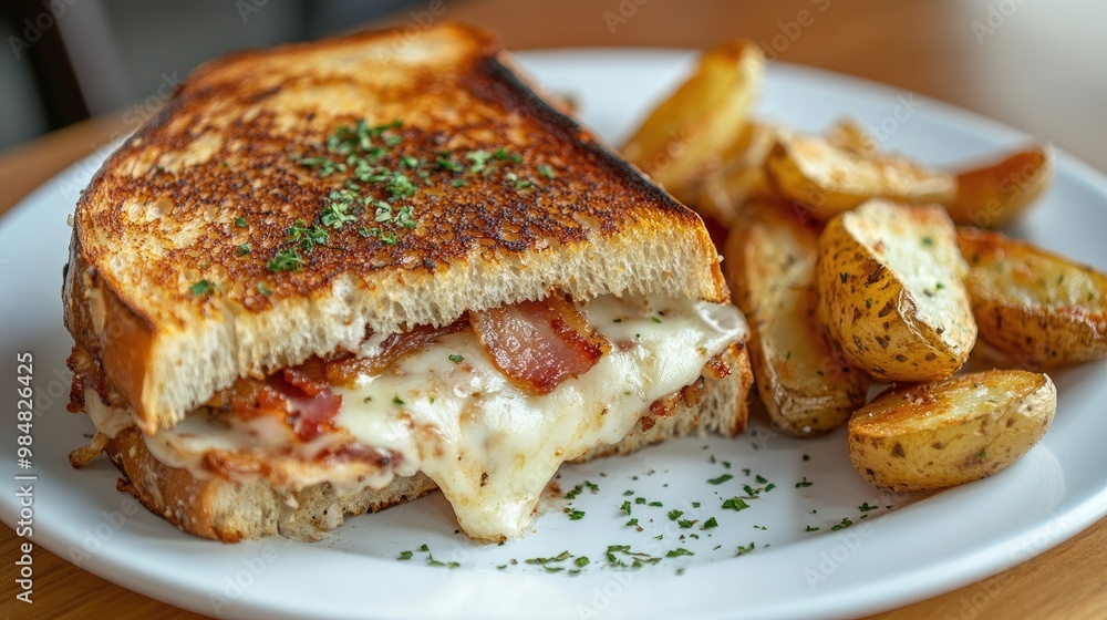A close-up of a toasted sandwich with melted cheese and crispy bacon, with a sprinkle of herbs on top and a side of crispy potato wedges on a white plate. A close-up of a toasted sandwich with melted cheese and crispy bacon, with a sprinkle of herbs on top and a side of crispy potato wedges on a white plate.