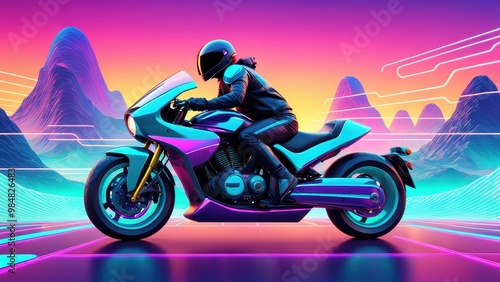 A futuristic motorcycle rider in a vibrant, neon landscape, showcasing a blend of technology and leisure. photo