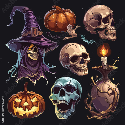 A collection of halloween icons including a witch hat a witch, a pumpkin and a Skull, Halloween elements, Happy Halloween