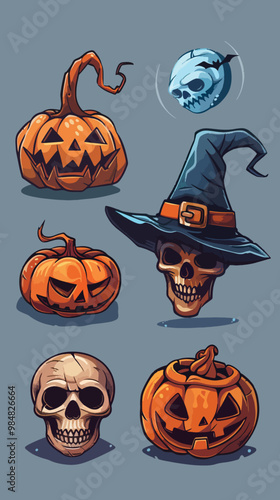 A collection of halloween icons including a witch hat a witch, a pumpkin and a Skull, Halloween elements, Happy Halloween