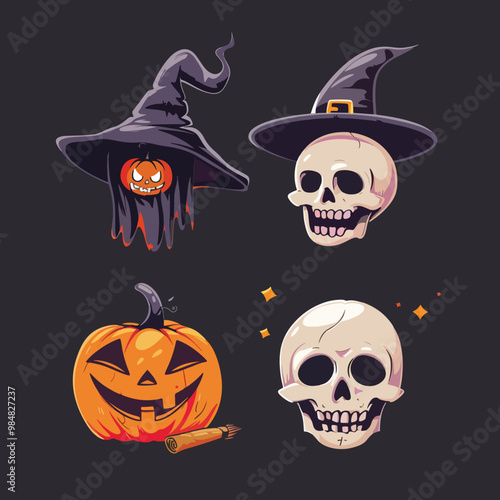 A collection of halloween icons including a witch hat a witch, a pumpkin and a Skull, Halloween elements, Happy Halloween