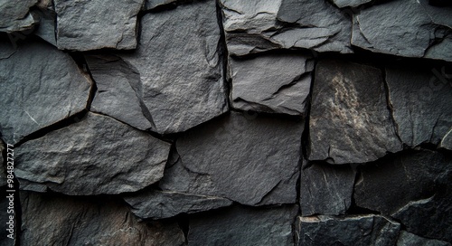 Textured stone wall with uneven slabs arranged in a rustic pattern for interi...
