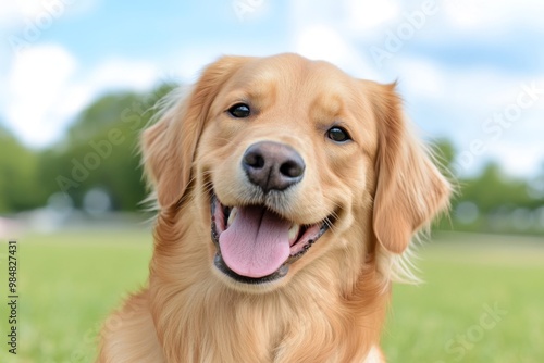 A close-up of a golden retrieverâ€™s face, smiling happily with its tongue out, enjoying a sunny day at the park