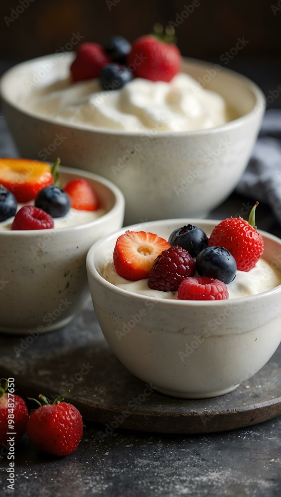 Fruit and cream yogurt dessert in bowls. Fruit and cream yogurt dessert in bowls.
