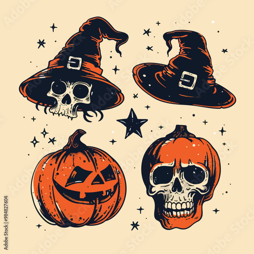 A collection of halloween icons including a witch hat a witch, a pumpkin and a Skull, Halloween elements, Happy Halloween