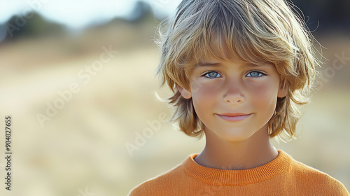 Young boy with blond hair and blue eyes smiles for the camera.