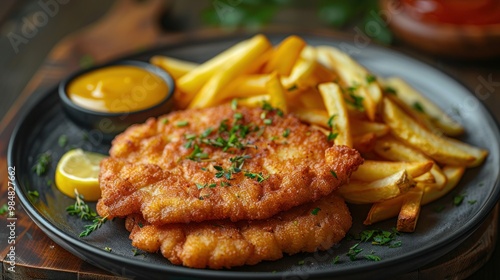 Traditional German Cuisine: Hand-Drawn Vintage Sketch of Schnitzel with French Fries for Oktoberfest Menu Design