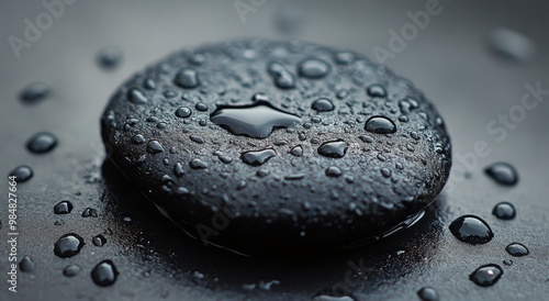 Smooth black stone with water droplets resting on a dark surface surrounded b...