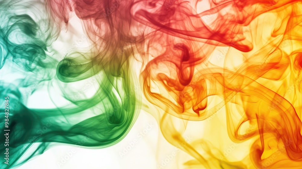 A close-up of colorful smoke in shades of red, yellow, and green, swirling together in a mesmerizing pattern, set against a white background A close-up of colorful smoke in shades of red, yellow, and green, swirling together in a mesmerizing pattern, set against a white background