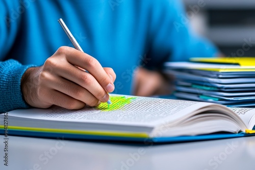 A close-up of a student highlighting text in a textbook, with a stack of study materials on the desk