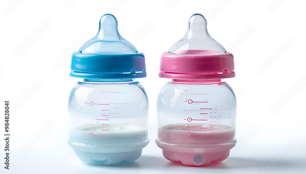Two empty feeding bottles for baby milk on white background Two empty feeding bottles for baby milk on white background