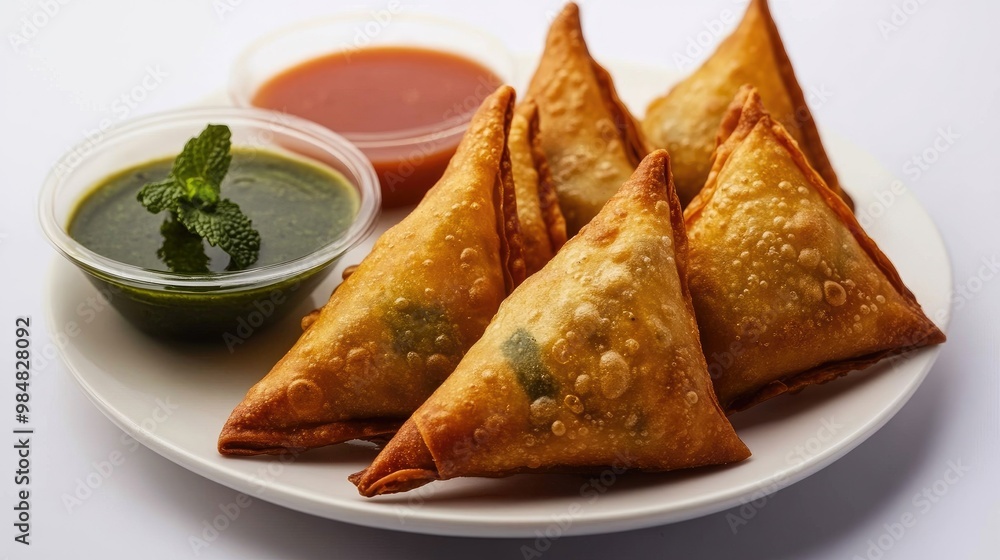 A close-up of crispy, golden-brown samosas arranged neatly on a white plate, with a side of mint chutney and tamarind sauce, set against a clean white background. A close-up of crispy, golden-brown samosas arranged neatly on a white plate, with a side of mint chutney and tamarind sauce, set against a clean white background.
