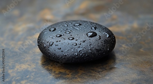 Smooth black stone with water droplets resting on a dark surface surrounded b...