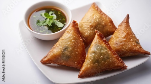 A close-up of crispy, golden-brown samosas arranged neatly on a white plate, with a side of mint chutney and tamarind sauce, set against a clean white background.