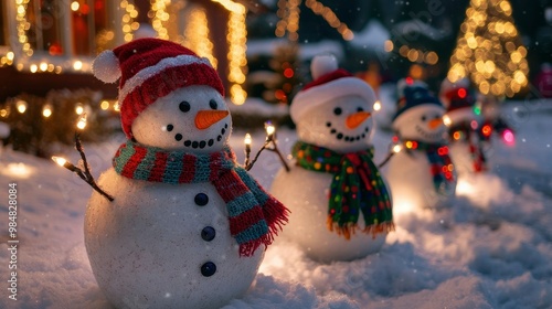 A group of snowmen with colorful scarves and hats, standing in a snowy yard with Christmas lights twinkling behind them.