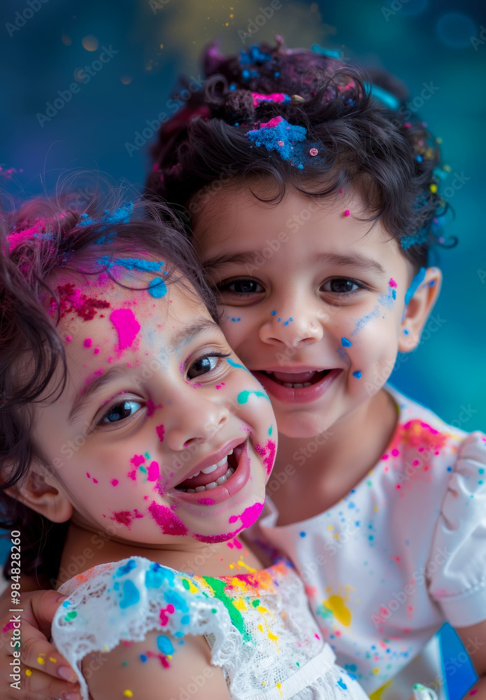 Two little girls with paint on their faces are smiling for the camera Two little girls with paint on their faces are smiling for the camera