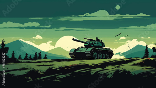 Military tank. A Battlefield Landscape with war machine tank. A combat tank. Battle-tank. War machine. Tank Vector Illustration. 