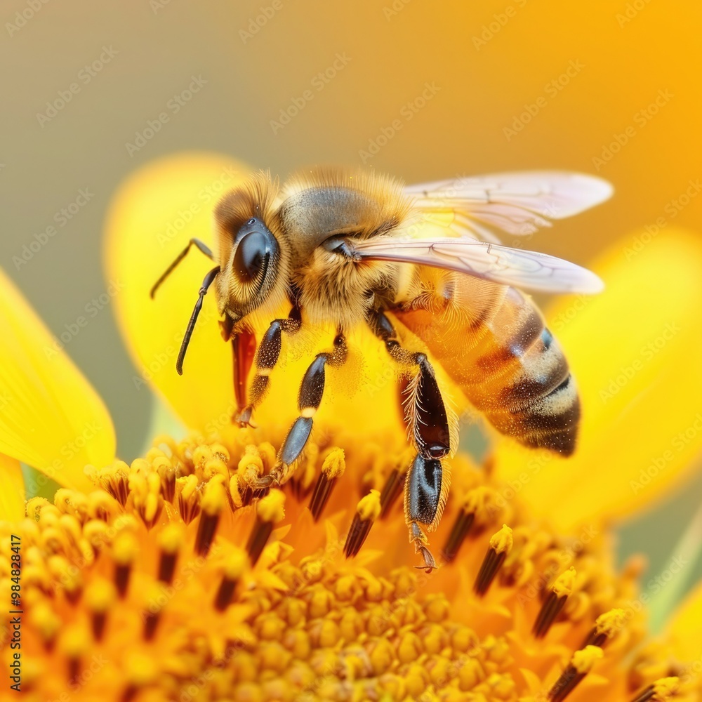 A close up of a bee collecting pollen from a vibrant yellow sunflower in a sunny garden A close up of a bee collecting pollen from a vibrant yellow sunflower in a sunny garden
