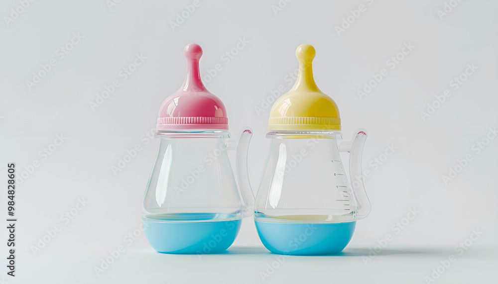 Two empty feeding bottles for baby milk on white background Two empty feeding bottles for baby milk on white background