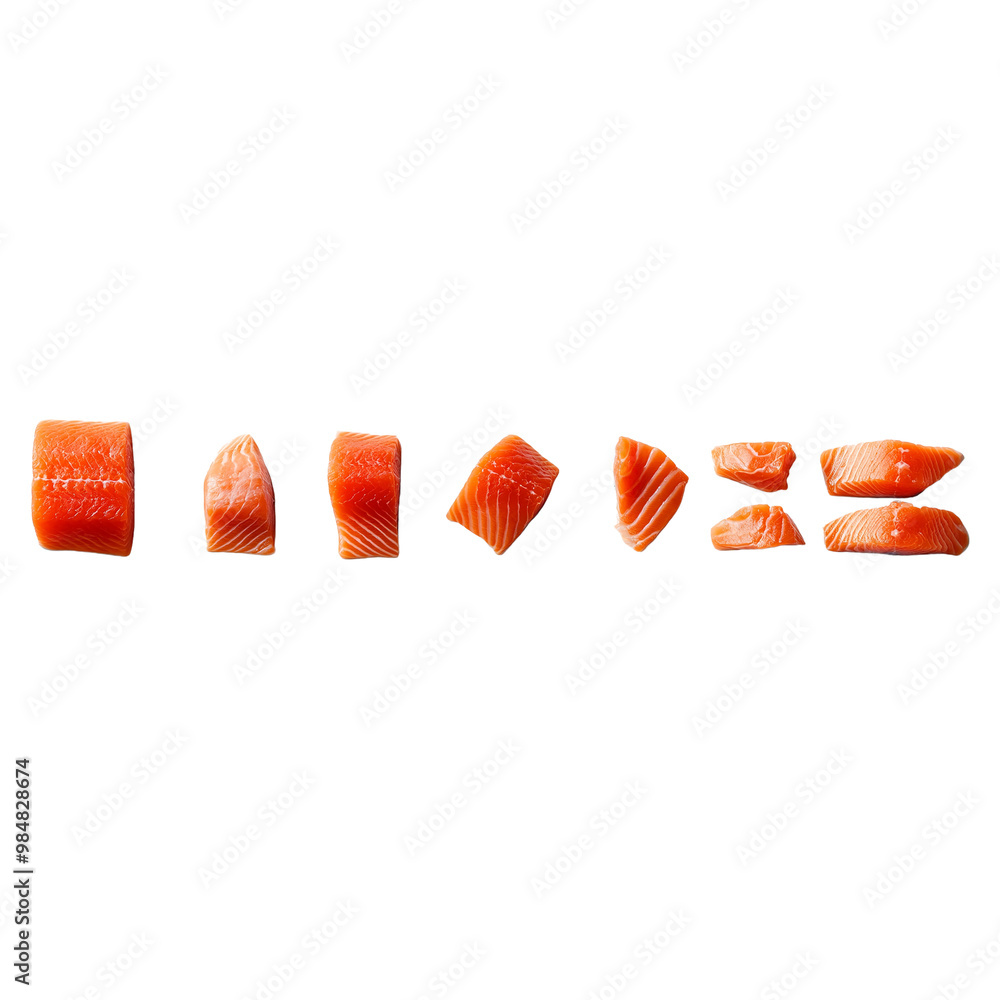 pieces of salmon in different shapes and sizes, cut out pieces of salmon in different shapes and sizes, cut out