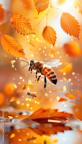 Bees collecting nectar among autumn leaves in a vibrant forest during golden hour